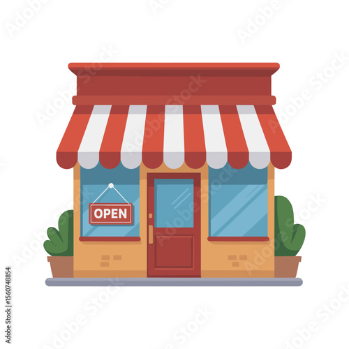Shopfront: A charming shopfront with striped awning, inviting "OPEN" sign, and potted plants, symbolizing a welcoming retail space.
