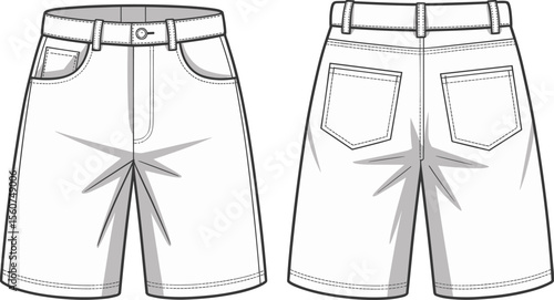 Men's Casual Flat Sketch Template for Design: Front and Back Views of Stylish Shorts, Ready-to-Use Vector Illustration for Fashion Apparel and Garment Development