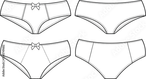 Women's Comfortable Cotton Bikini Briefs Underwear Technical Fashion Flat Sketch Template, Lingerie Design Vector Illustration for Clothing Brand Production.