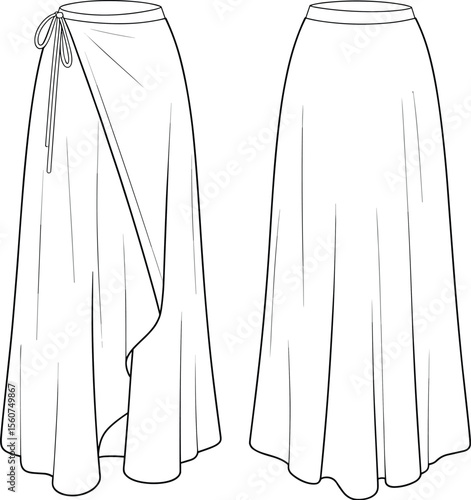 Stylish Women's Flowy Wrap Midi Skirt Fashion Flat Drawing Isolated Vector Apparel Design Template, Versatile and Comfortable Must-Have