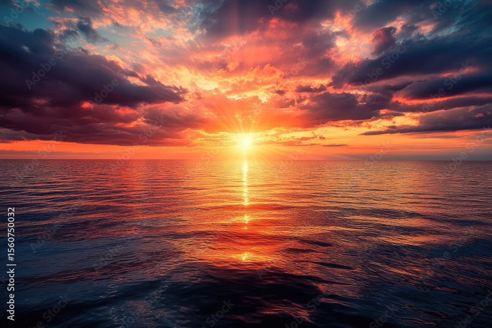 Obraz premium Dramatic sunset over a calm sea. Fiery colors of orange, red, and pink paint the sky, reflected in the still water. Dark clouds frame a vibrant sun