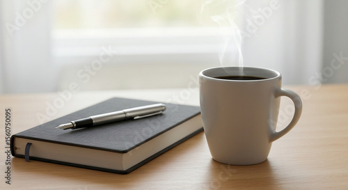  A calm and mindful morning routine with steaming black coffee in a matte white mug, a charcoal linen journal, and a fountain pen. Peaceful, productive start to the day with soft natural light.
