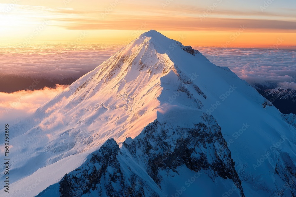 Naklejka premium Majestic snow-capped mountain peak at sunrise. A breathtaking aerial view of a towering, snow-covered mountain ridge, bathed in the warm hues of a vibrant sunrise. 