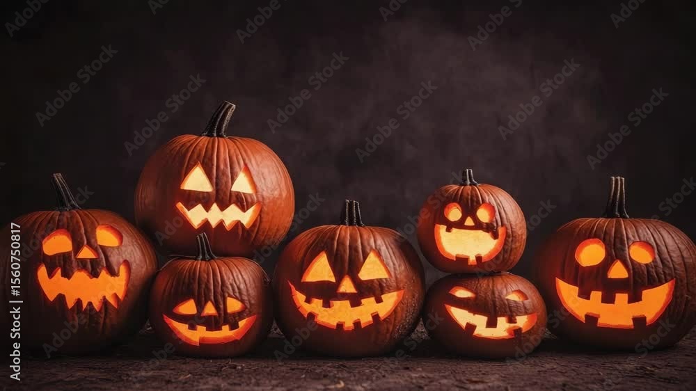 Halloween background. A group of glowing carved jack-o’-lantern pumpkins with different spooky faces, arranged together against a dark background. Halloween background. A group of glowing carved jack-o’-lantern pumpkins with different spooky faces, arranged together against a dark background.