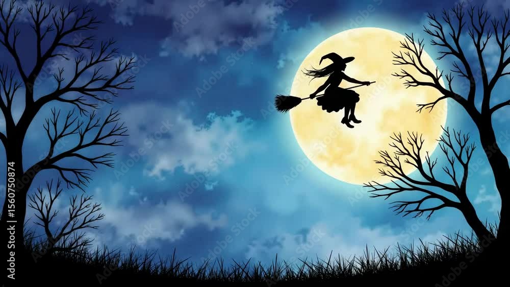 Halloween witch silhouette flies on broomstick across a full moon, silhouetted against sky with bare trees, grassy hill in foreground. Halloween witch is flying in spooky night, Halloween witch silhouette flies on broomstick across a full moon, silhouetted against sky with bare trees, grassy hill in foreground. Halloween witch is flying in spooky night,