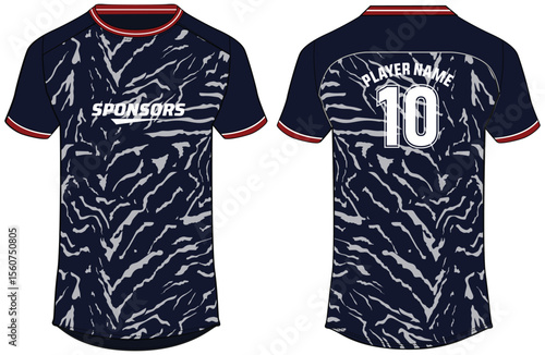 Sports jersey t shirt design flat sketch illustration, Tiger skin printed Round neck football jersey concept with front and back view for Cricket, soccer, Volleyball and badminton uniform kit