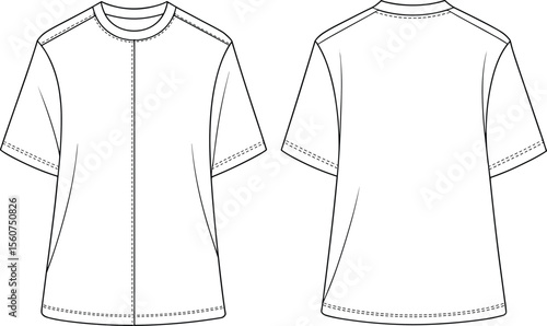 Crew Neck Oversized T-Shirt Fashion Flat Sketch Template for Apparel Design, Technical Drawing, Front and Back View, Clothing Mockup, CAD Ready.