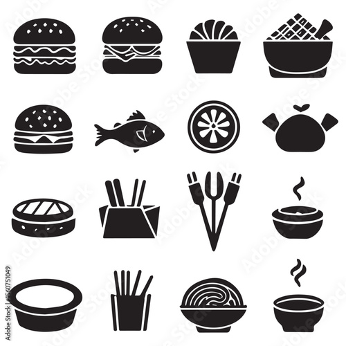Collection of black and white food icons representing fast food and meals