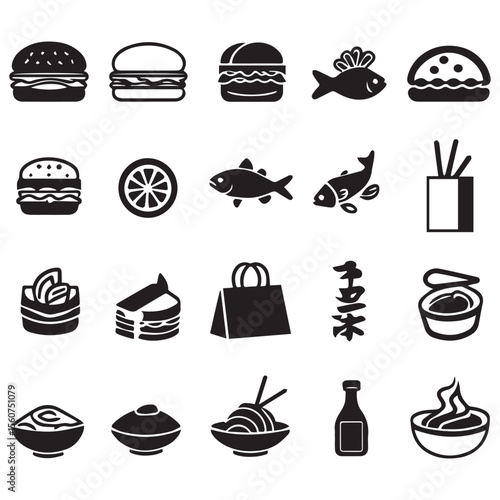 Collection of black and white food and drink icons including burgers fish sushi noodles and sauces