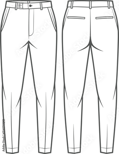Contemporary Women's Cropped Chino Trousers Flat Sketch Design, Fashion Technical Drawing for Apparel Mockup, Front and Back View, Vector Template.