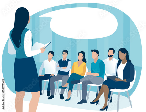 Education, presentation, learning, business illustration. Speech bubble for headline. Business team listening to the female teacher.
