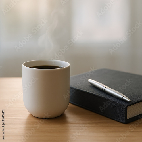 Minimalist still life with hot coffee in a handleless ceramic mug and a writer's journal on a light oak table. Soft bokeh background and morning light create a focused, creative atmosphere.