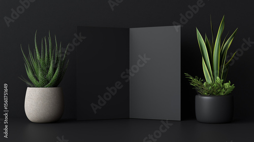 Minimal black brochure mockup on dark desk with green plants, top view. Elegant stationery scene for branding, marketing, or presentation design showcase