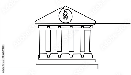 Bank icon in one line continuous drawing vector.  Continuous outline of a theater icon, Bank, bank building, court, building with pro. Bank continuous one line drawing. Government building, museum. 
