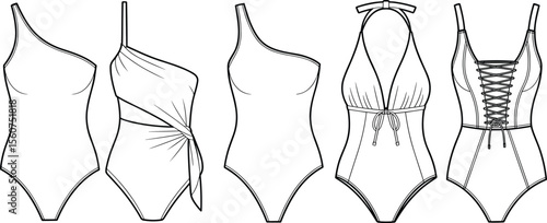 Set of 5 one-piece swimsuit vector fashion flat sketches, swimwear design templates for technical drawing, apparel, digital design