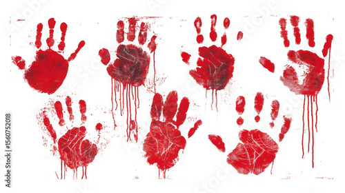 A collection of bloody handprints isolated on transparent background, ideal for horror, halloween, or crime scene designs