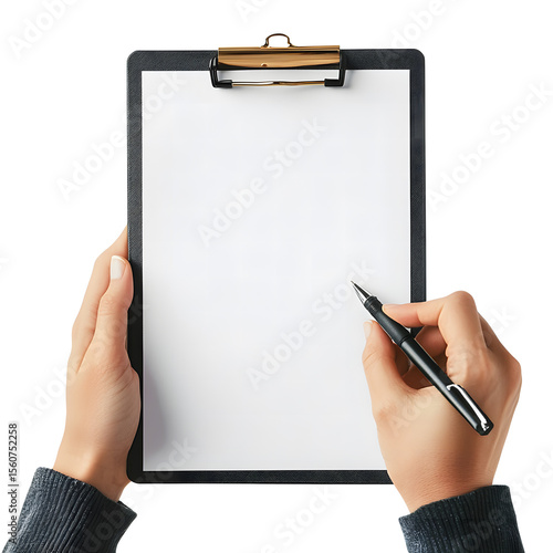 Close up of a person holding a clipboard with blank paper and writing with a pen isolated on transparent background