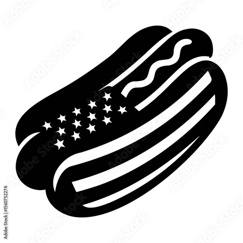 A stylized black and white hotdog with stars and stripes design and mustard on top of sausage