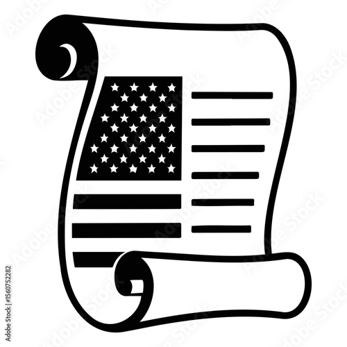 American flag design on a scroll with stars and stripes in black and white illustration