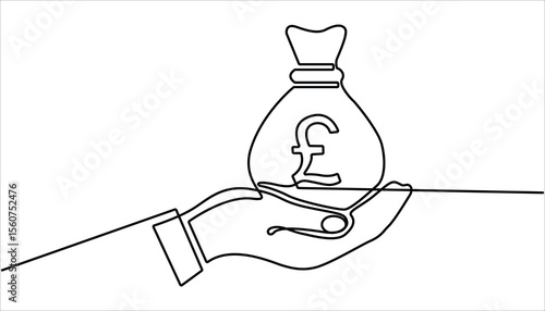 
Hand holding money bag with coins stack continuous one line drawing. Business concept. Continuous one line drawing of hand holding money bag. Money storage and investment single Line art.