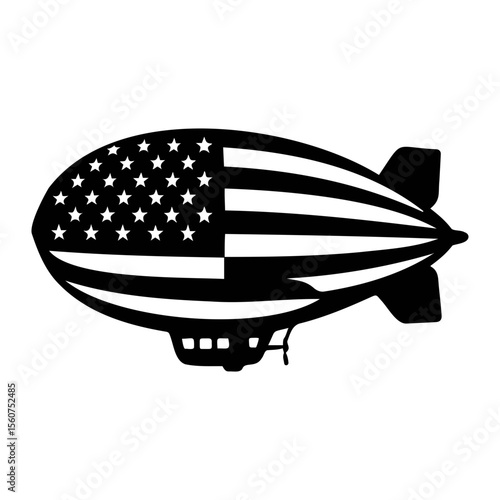 Illustration of a black and white blimp decorated with the american flag design pattern