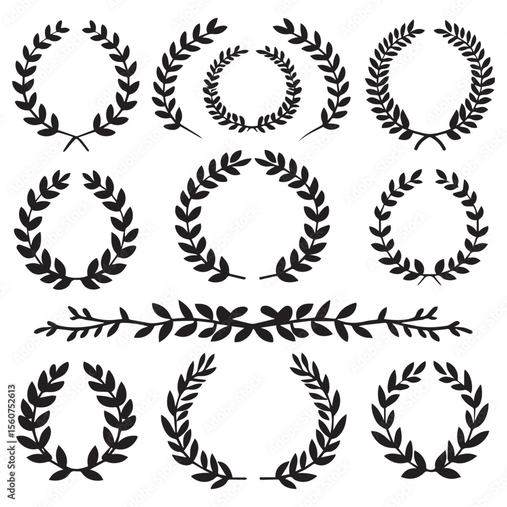 Collection of black laurel wreaths and decorative leafy branches on white background Collection of black laurel wreaths and decorative leafy branches on white background
