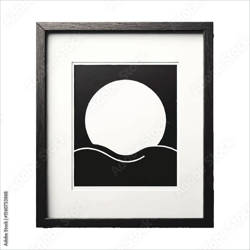 Modern minimalist black and white art print; framed, serene moon and wave design. silhouette