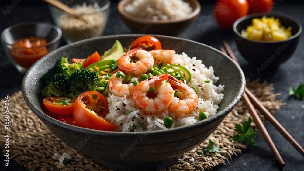 Delicious Shrimp Rice Bowl with Vegetables and Sesame Seeds Delicious Shrimp Rice Bowl with Vegetables and Sesame Seeds