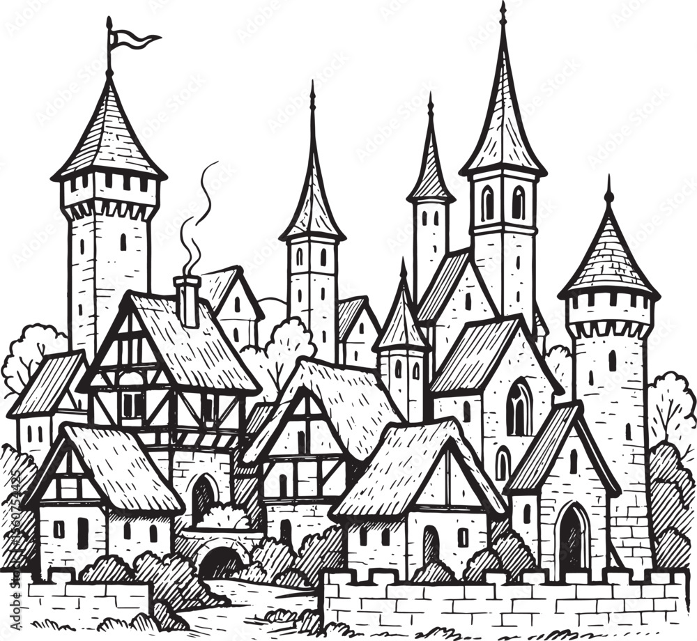 Fototapeta premium Black And White Medieval Town Skyline Illustration Tall Towers Stone Buildings Flag vector 1