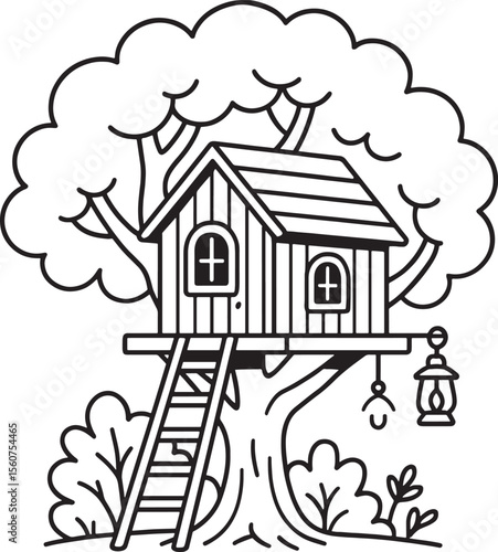 Black And White Line Drawing Treehouse Wooden Ladder Lantern Bush vector 1