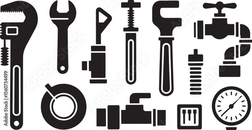Black and White Plumbing Tools Pipe Fittings Wrench Set Valve Gauge Icon Collection vector
