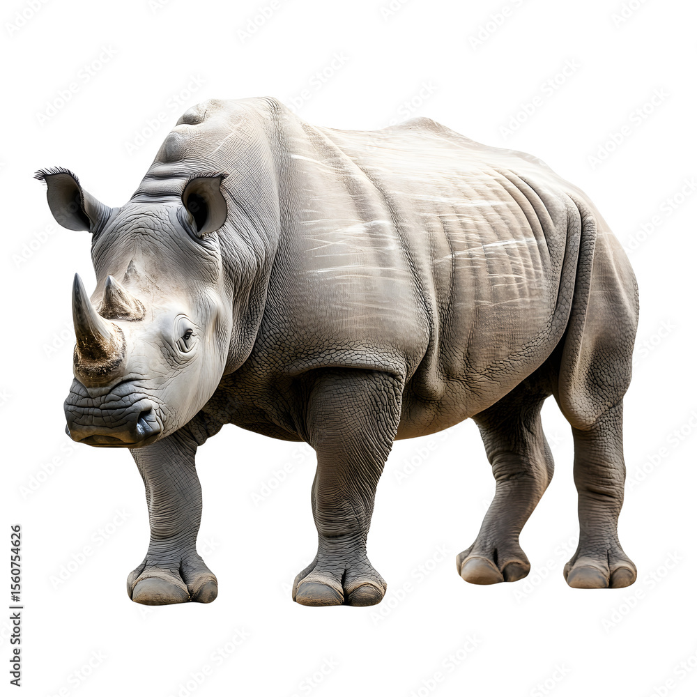 Fototapeta premium A majestic white rhinoceros with a prominent horn stands facing forward showcasing its textured skin and powerful build isolated on transparent background