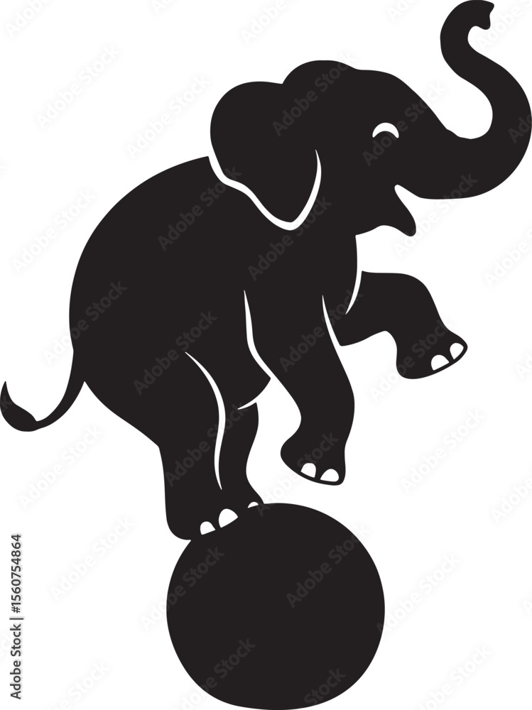 Obraz premium Black Silhouette Baby Elephant Balancing On Ball Circus Theme Illustration vector 1
