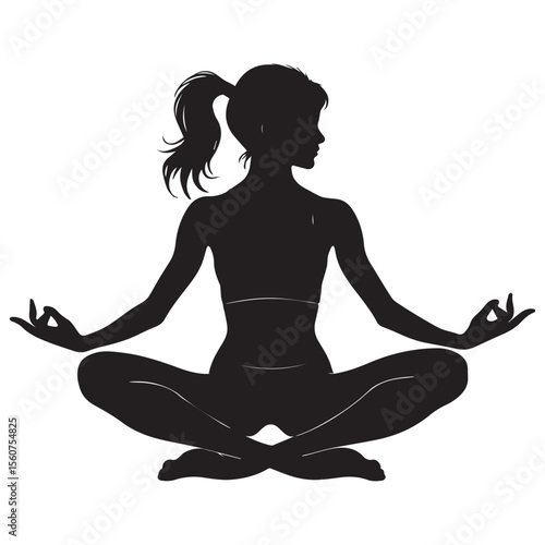 Silhouette of a woman in a yoga pose with hands in mudra on a white background