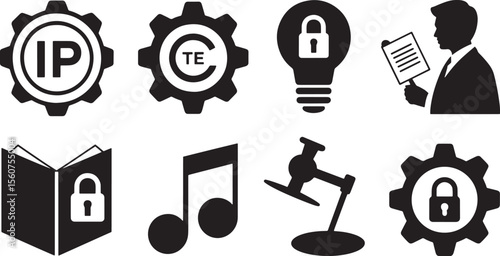 Black Silhouette Icons Intellectual Property Law Copyright Trademark Gear Lock Book Music Gavel vector 1