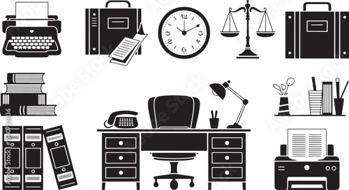 Black Silhouette Law Office Equipment Desk Chair Typewriter Scales Books Printer Files Folders Clock 1