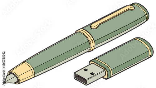 Vintage style fountain pen and usb flash drive for data storage and writing vector illustration art design