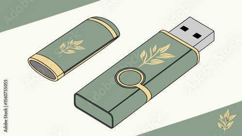 Elegant green usb flash drive vector illustration for data storage and transfer with leaf design element style