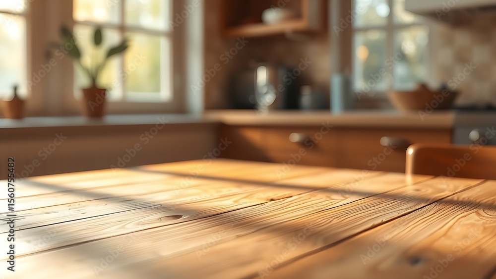 A wooden kitchen table bathed in warm morning sunlight, creating a serene and inviting atmosphere. A wooden kitchen table bathed in warm morning sunlight, creating a serene and inviting atmosphere.
