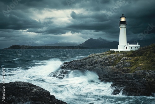 Wallpaper Mural Dramatic coastal scene.  A white lighthouse stands firm against a stormy sea.  Dark clouds and rough waves surround the rocky shoreline Torontodigital.ca