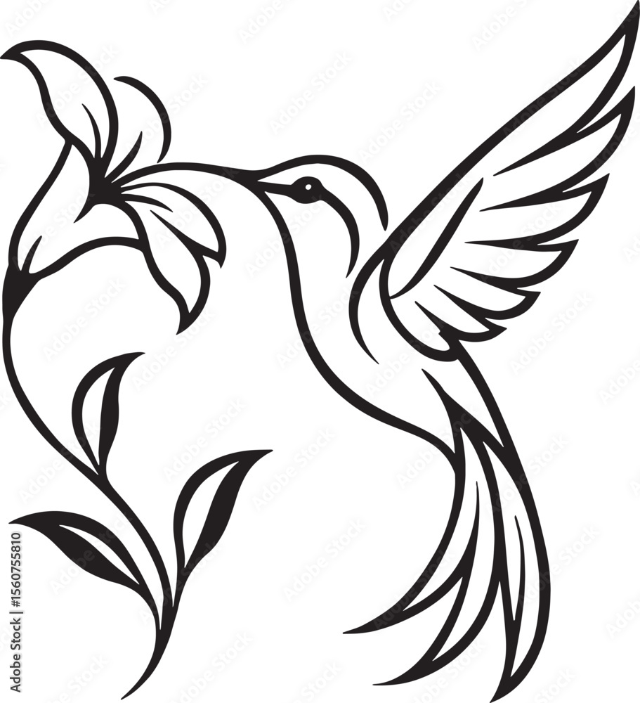 Obraz premium Stylized Black Hummingbird Floral Design Line Art Illustration Bird Flower Nature Graphic lily