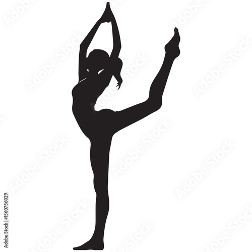 Silhouette of a woman performing a yoga pose with one leg extended upwards