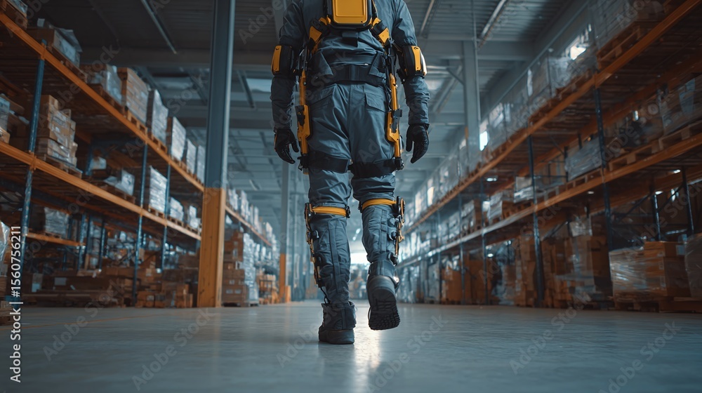 Obraz premium Worker walking through warehouse with a robotic exoskeleton, enhancing strength and safety, increasing efficiency, and reducing fatigue.