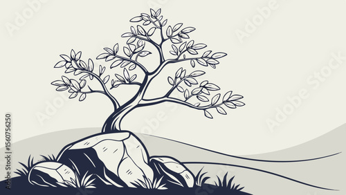 Illustration of nature scene with tree growing on rocks vector graphic design and landscape drawing art