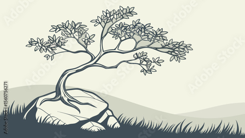 Bonsai tree illustration vector art design with leaves and stone for graphic design and nature lovers