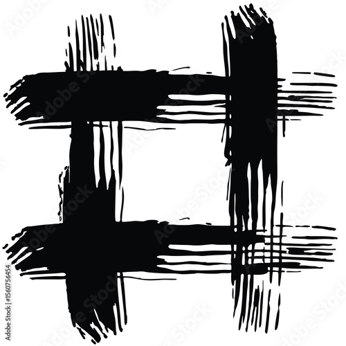 Abstract grunge brushstroke hashtag symbol in black ink on white background