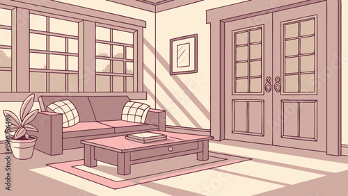 Illustration of a cozy living room interior design with sofa plant and natural light streaming in windows