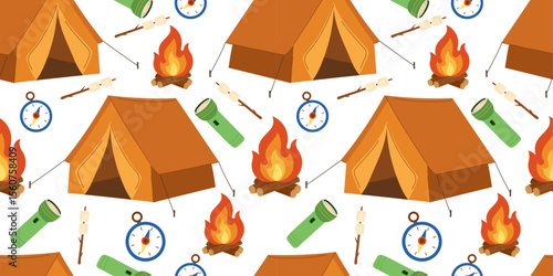 Camping seamless pattern with tents, bonfires, marshmallows, flashlights, and compasses — colorful vector background with camping gear and outdoor elements. Ideal for adventure-themed designs.