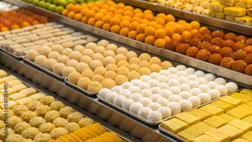 Delightful display of ladoo barfi and soan papdi at indian sweet shop captivating arrangement in vibrant atmosphere for gourmet enthusiasts