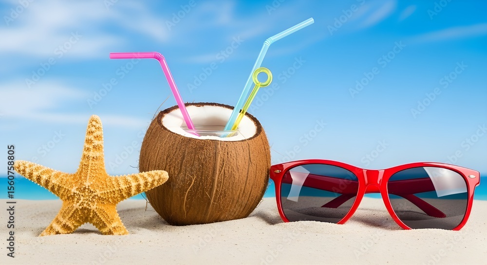 Tropical Coconut Drink Cocktail Beach Paradise Sunglasses Starfish Summer Vacation Tropical Coconut Drink Cocktail Beach Paradise Sunglasses Starfish Summer Vacation